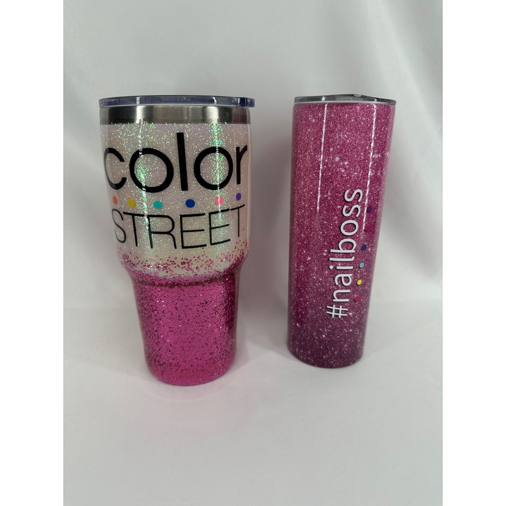 Handcrafted Color Street Tumblers 26oz & 20oz Pink White Glitter Boss Sparkle